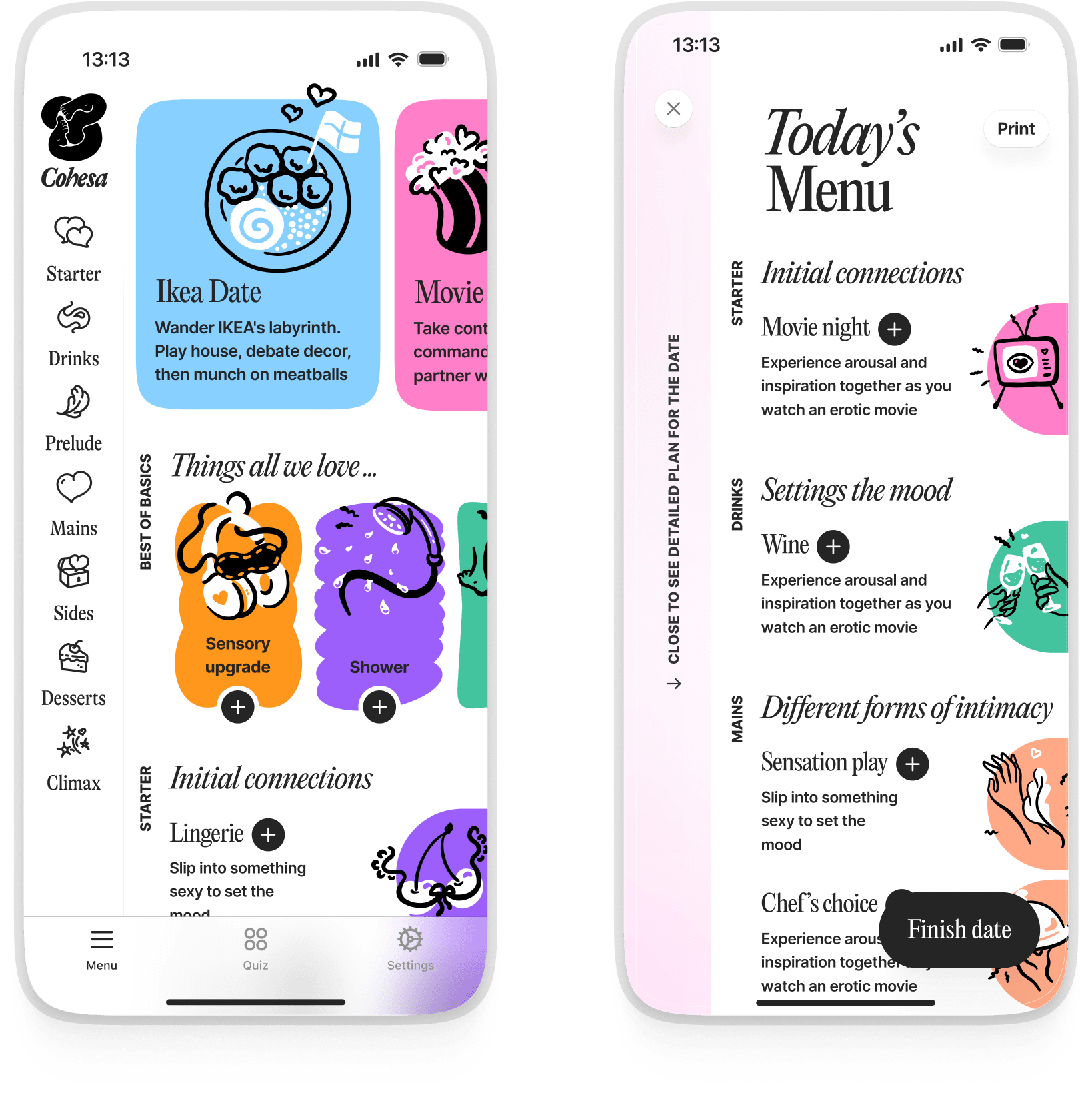 Cohesa couples app showing intimacy menu and date scheduling features